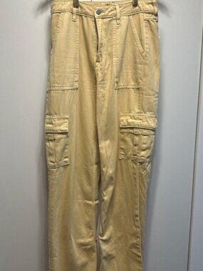 AQUA Women's Khaki High-Rise Raw Hem Wide Leg Cargo Pants